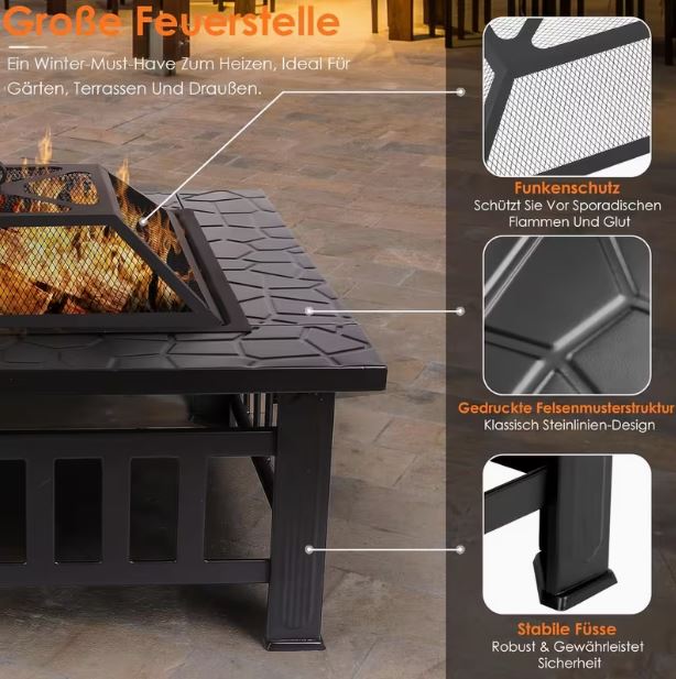 Garten-Feuerstelle, 81 cm Quadratisch, Schwarz Pulverbeschichtet