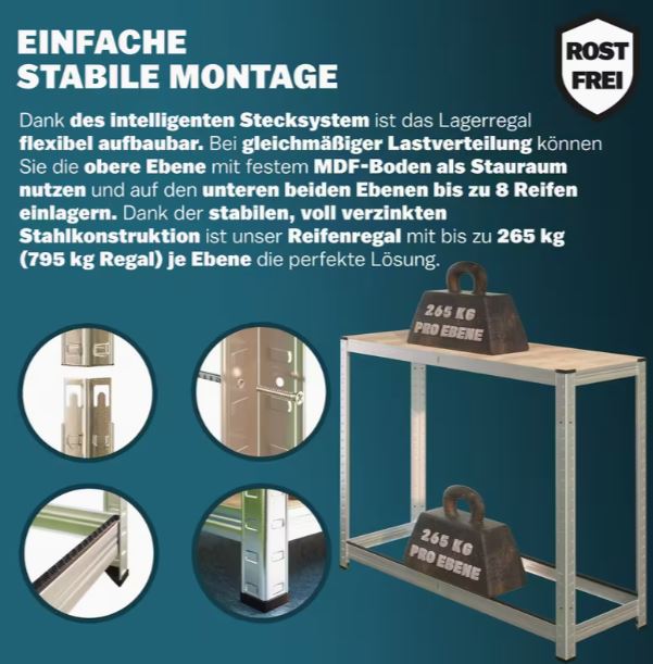 Reifenregal für 8 Reifen, 795 kg Tragkraft, 180x120x40 cm
