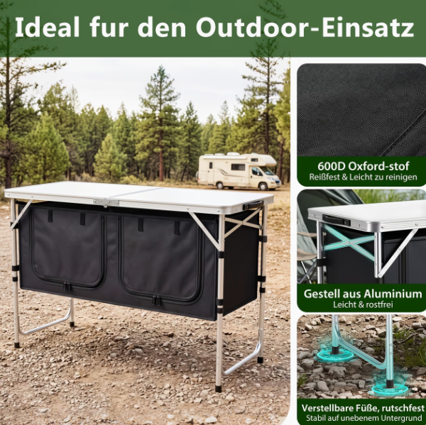 Campingküche / Campingtisch mit Stauraum – höhenverstellbar