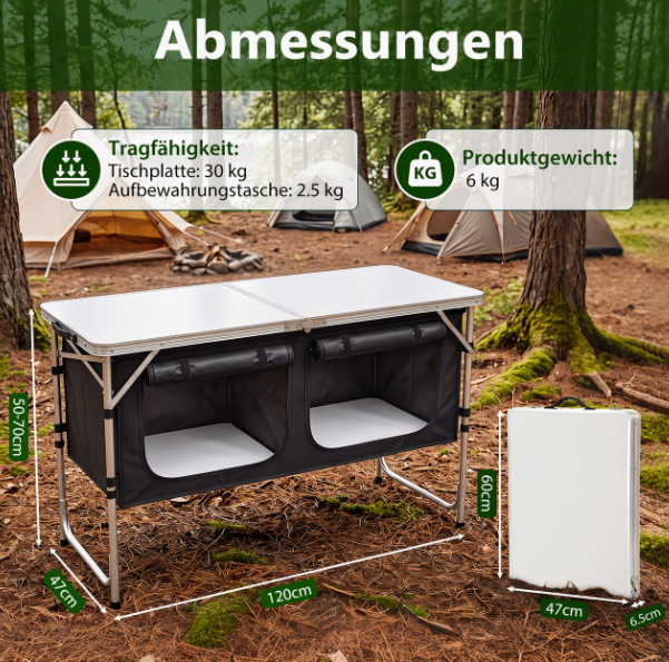 Campingküche / Campingtisch mit Stauraum – höhenverstellbar