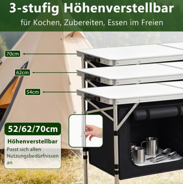 Campingküche / Campingtisch mit Stauraum – höhenverstellbar