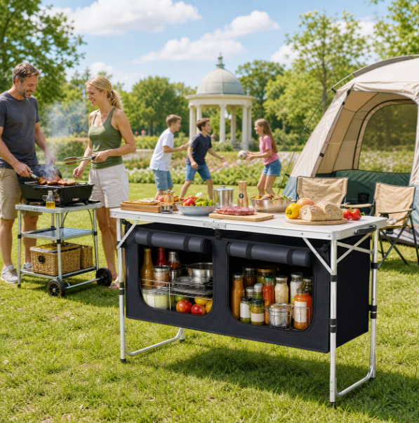 Campingküche / Campingtisch mit Stauraum – höhenverstellbar