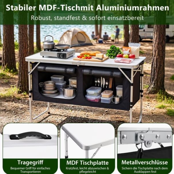 Campingküche / Campingtisch mit Stauraum – höhenverstellbar