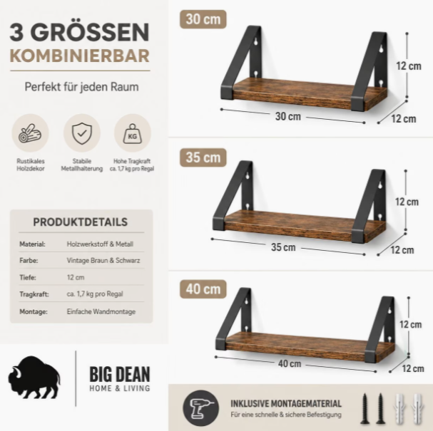 🏡 3er-Set Wandregale im Industrial-Stil